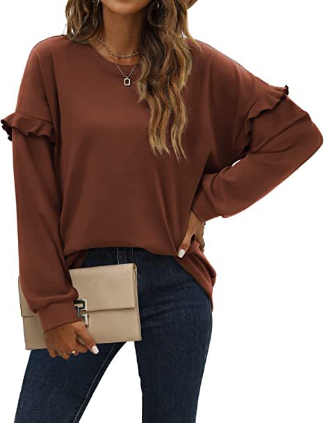 Women's Solid Color Crewneck Sweatshirt with Ruffle Trim Long Sleeve