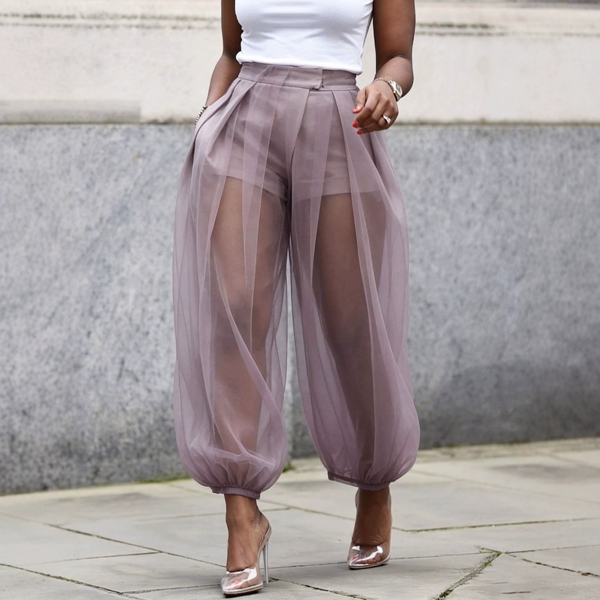 Sheer Mesh Solid Color Loose Lantern Pants