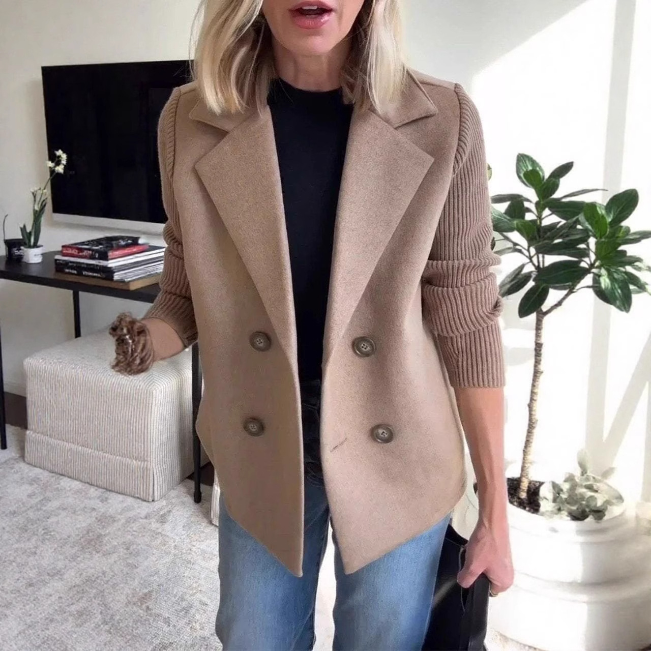 Women's Retro Loose Herringbone Blazer with Suit Collar