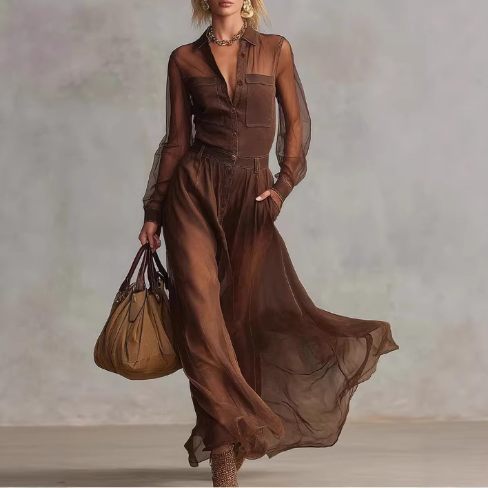 Retro Western Button-Front V-Neck Long Sleeve Brown Cotton Maxi Dress