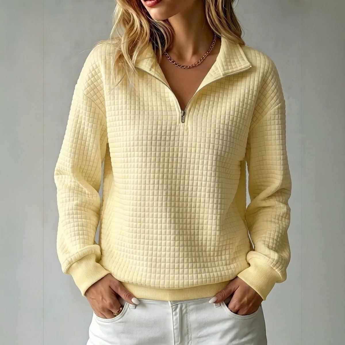 Waffle Knit Solid Color Zip-Up Collared Long Sleeve Women's Sweatshirt