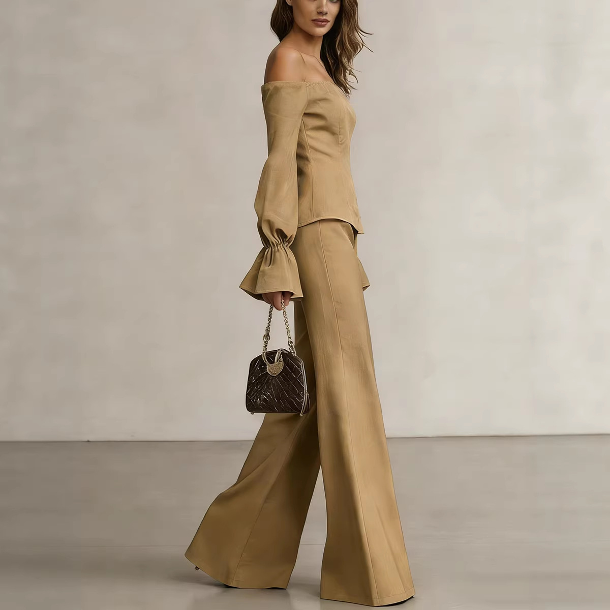 Puff Sleeve Off-Shoulder Top and Wide-Leg Pants Two-Piece Set