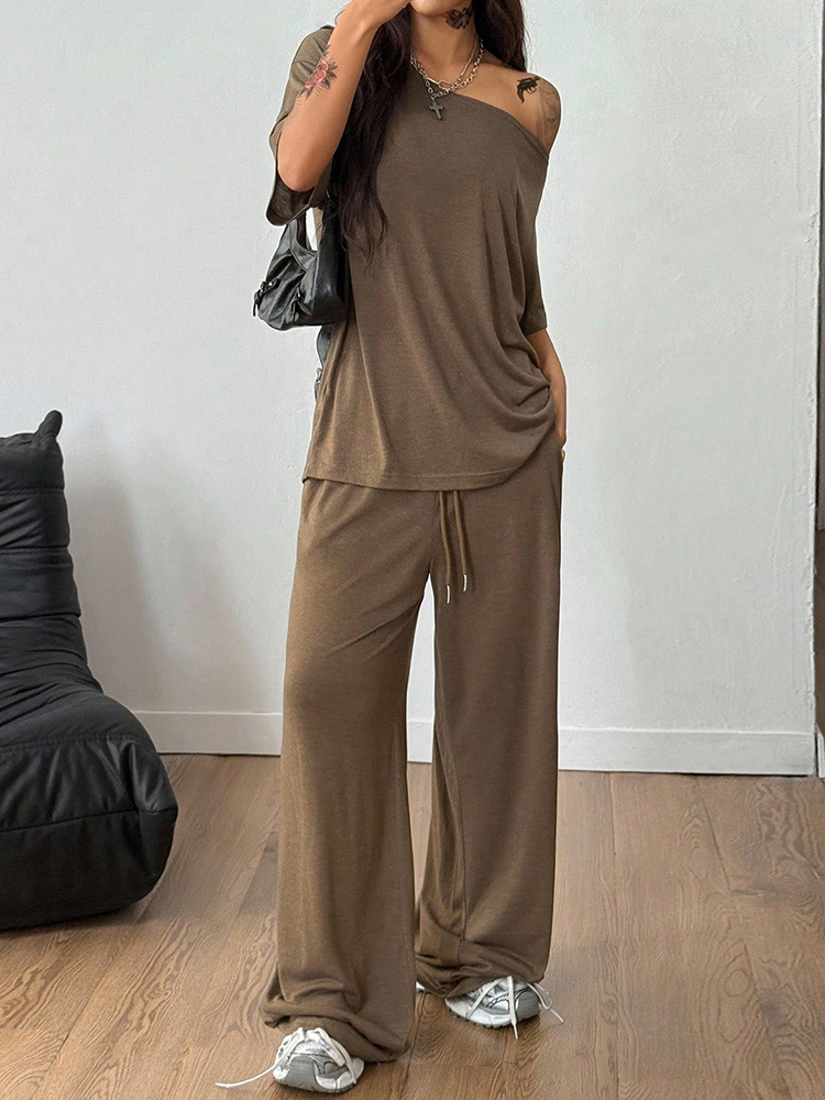 Women's Asymmetric Neck Wide-Leg Pants Set Solid Color Casual Two-Piece