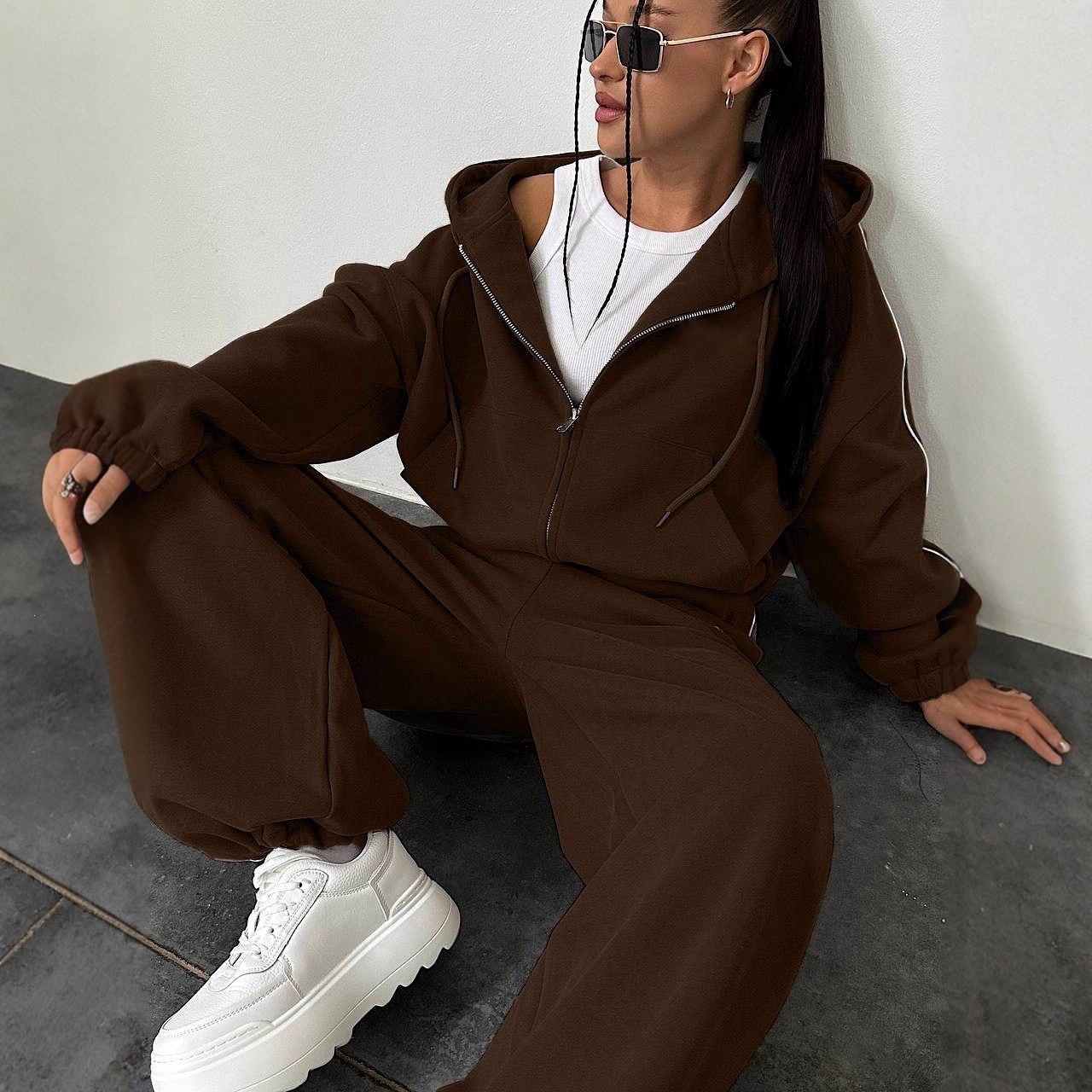 Women's Hooded Lace-Up Cardigan and Elastic Waist Pants Two-Piece Set