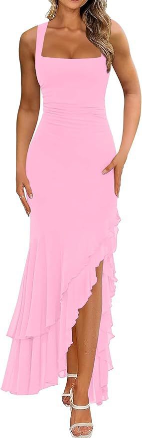 Women's Slim Fit Ruched Mermaid Tube Dress Square Neck Sleeveless