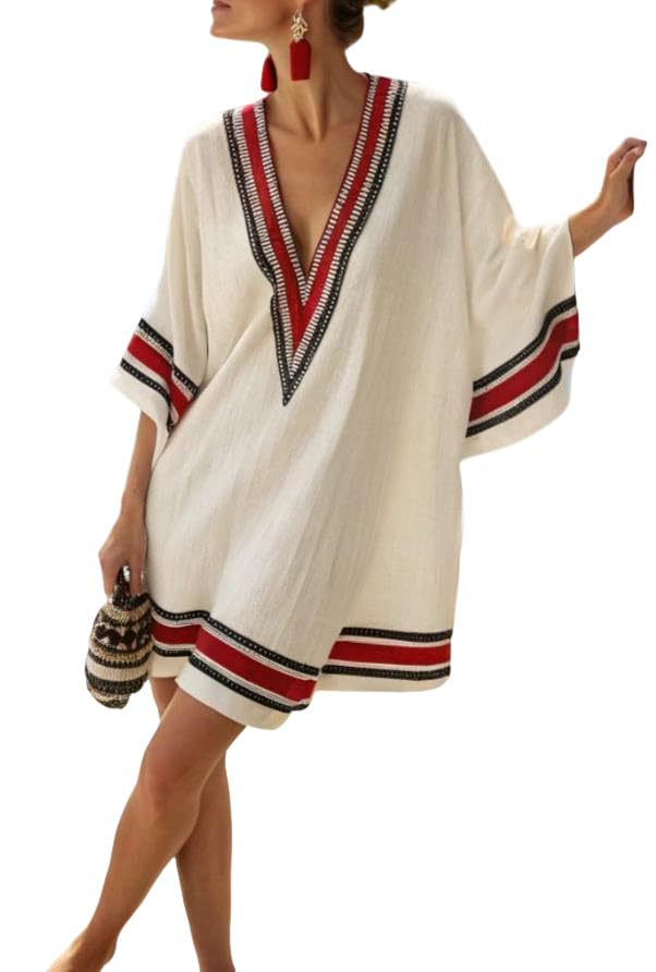 Women's Striped Floral Print Midi Dress Deep V-Neck Sleeveless Slim Fit