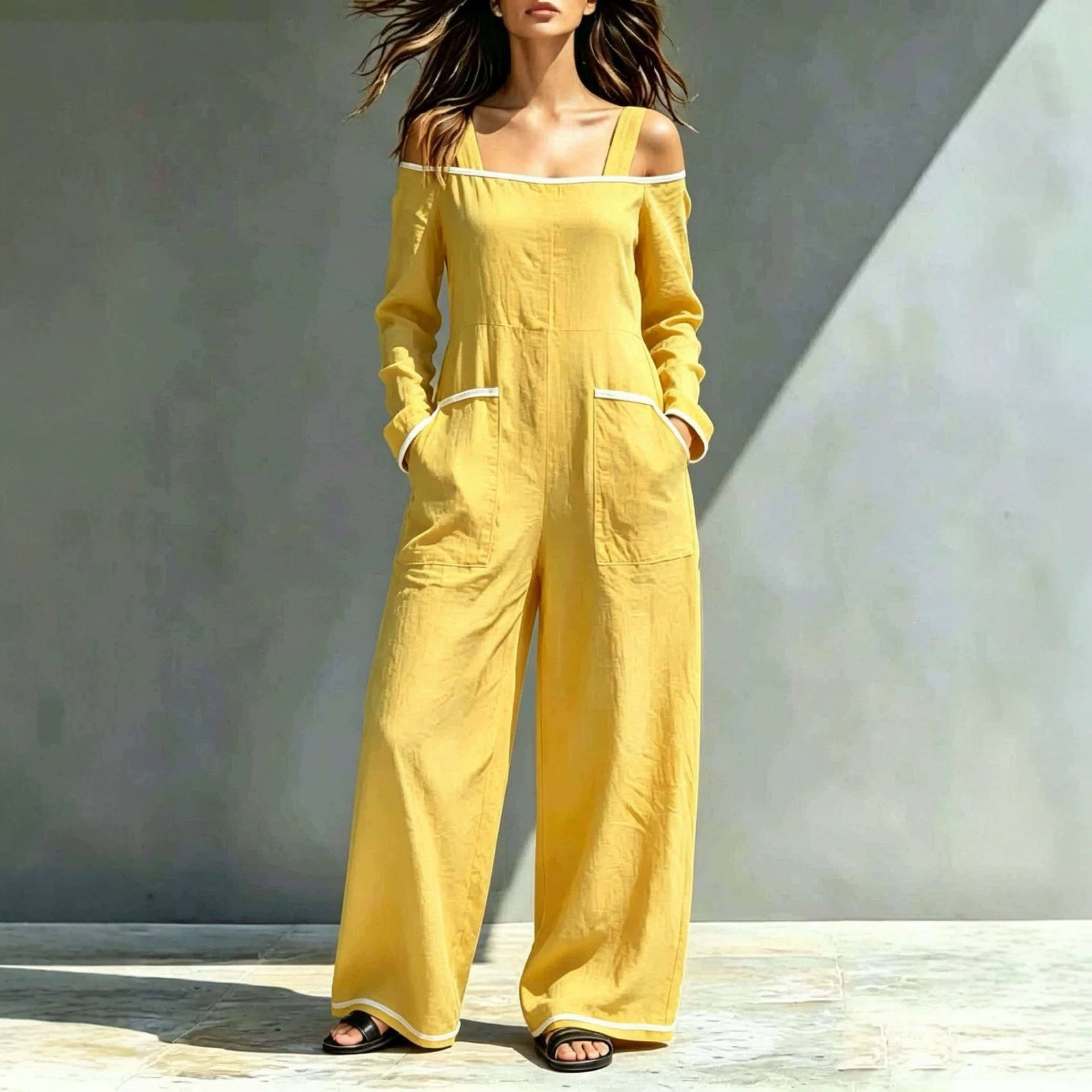 Off-Shoulder Colorblock Wide-Leg Jumpsuit with Pockets