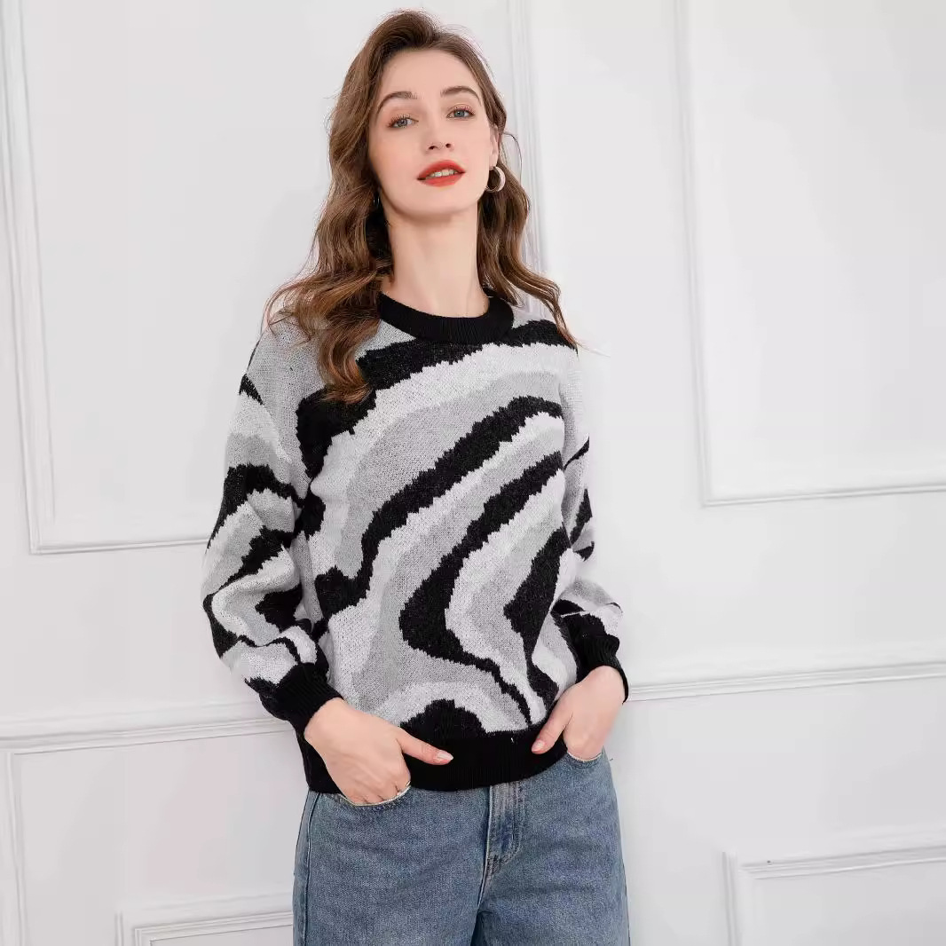 Women's Plus Size Zebra Print Knit Sweater Crewneck Long Sleeve Pullover