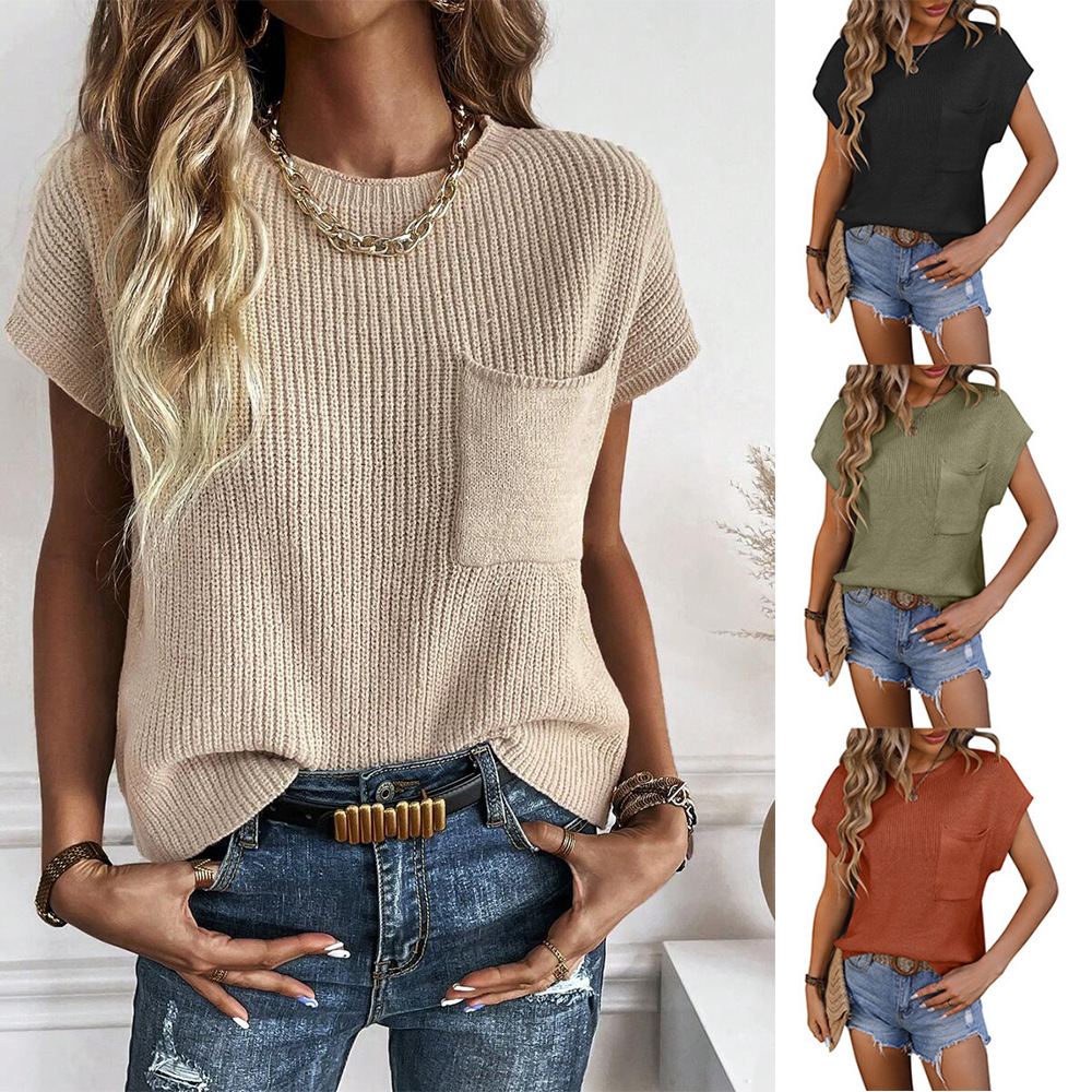 Women's Crewneck Pocket Short Sleeve Sweater