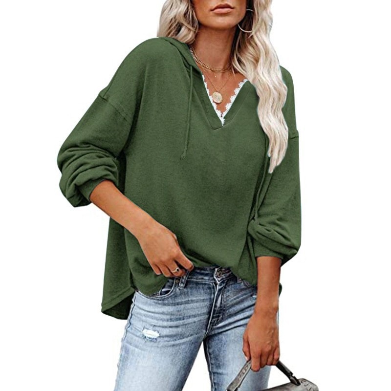 Women's Casual Hooded Lace V-Neck Long Sleeve Sweatshirt