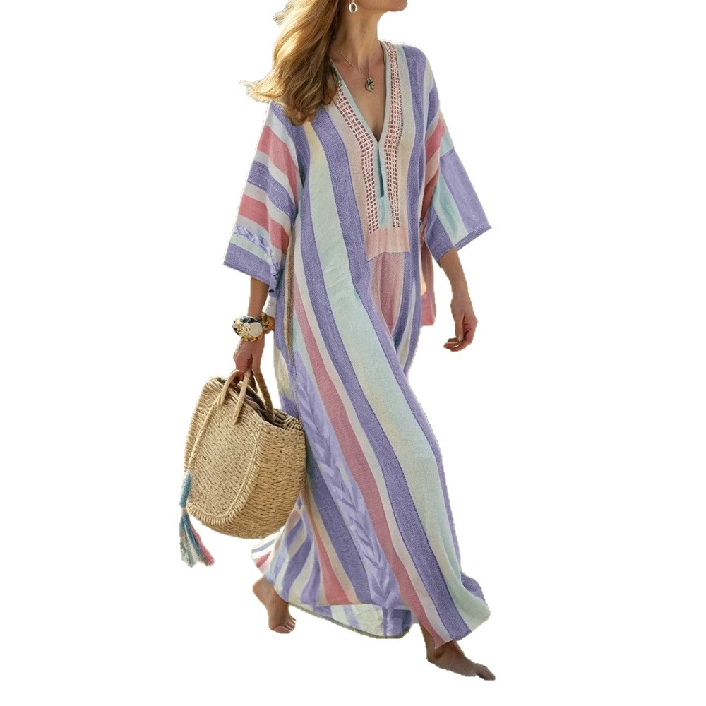 Women's Striped Plaid A-Line Midi Dress Long Sleeve Deep V-Neck Casual