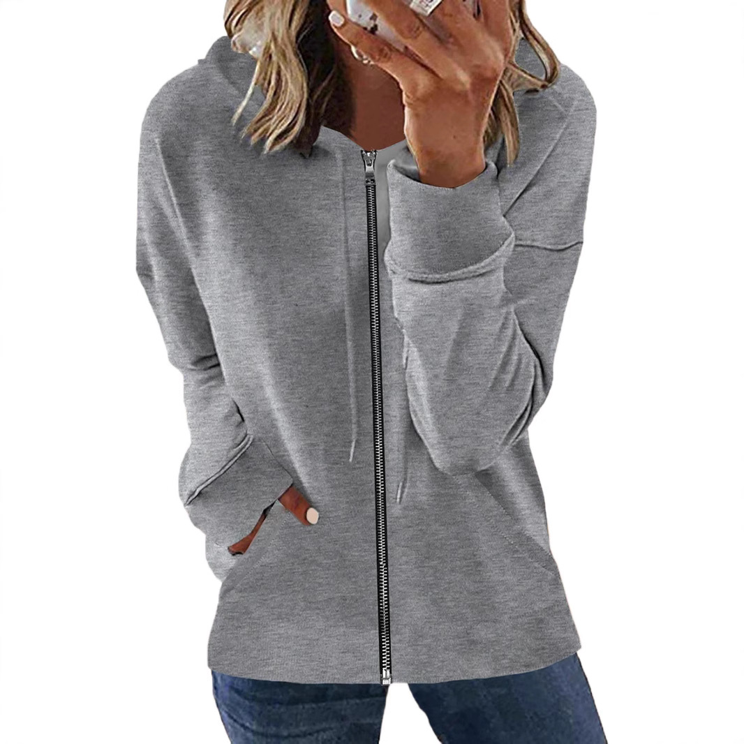 Zip-Up Hooded Cardigan Casual Solid Color