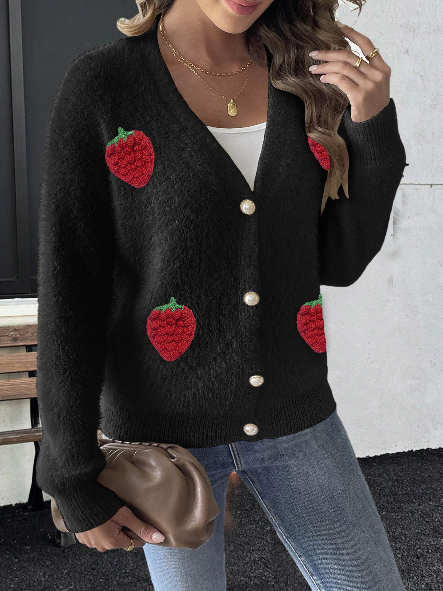 Women's Faux Mink Cardigan with Pearl Buttons & Strawberry Embroidery
