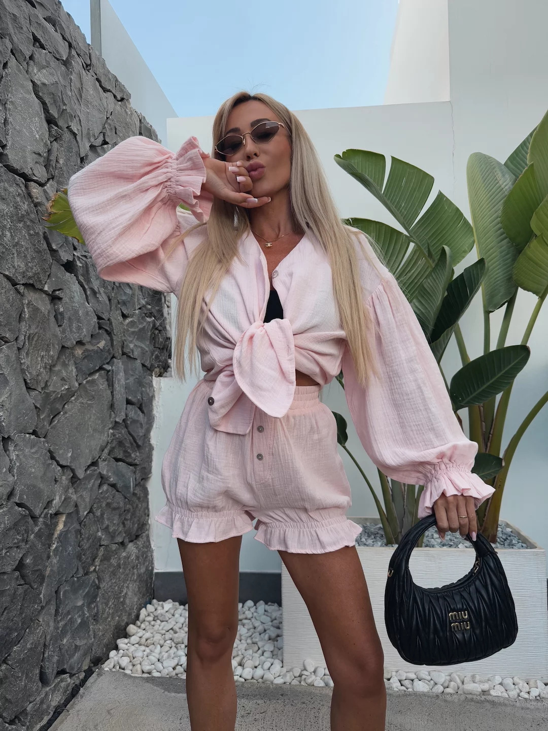 Women's Solid Color Flared Sleeve Cardigan and Shorts Two-Piece Set