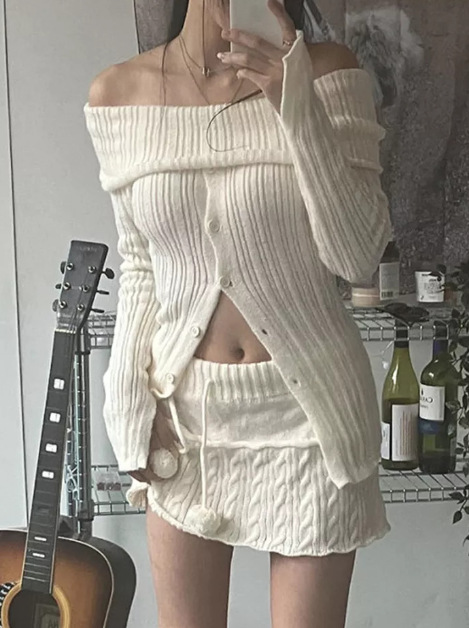Off-Shoulder Long-Sleeve Button-Front Knit Top