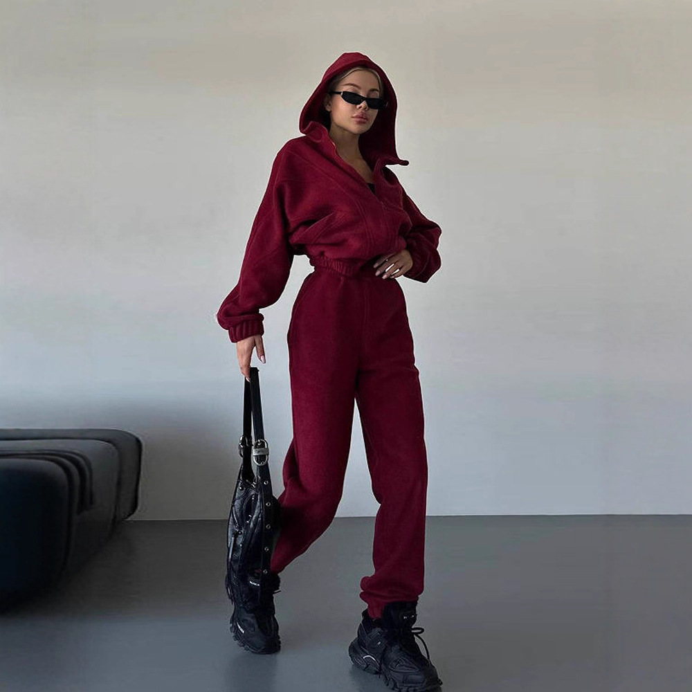 Women's Fleece Hooded Cardigan and Pants Set Long Sleeve Casual