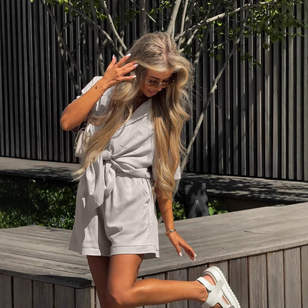 Women's Collared Tie-Front Short Sleeve Shorts Casual Set