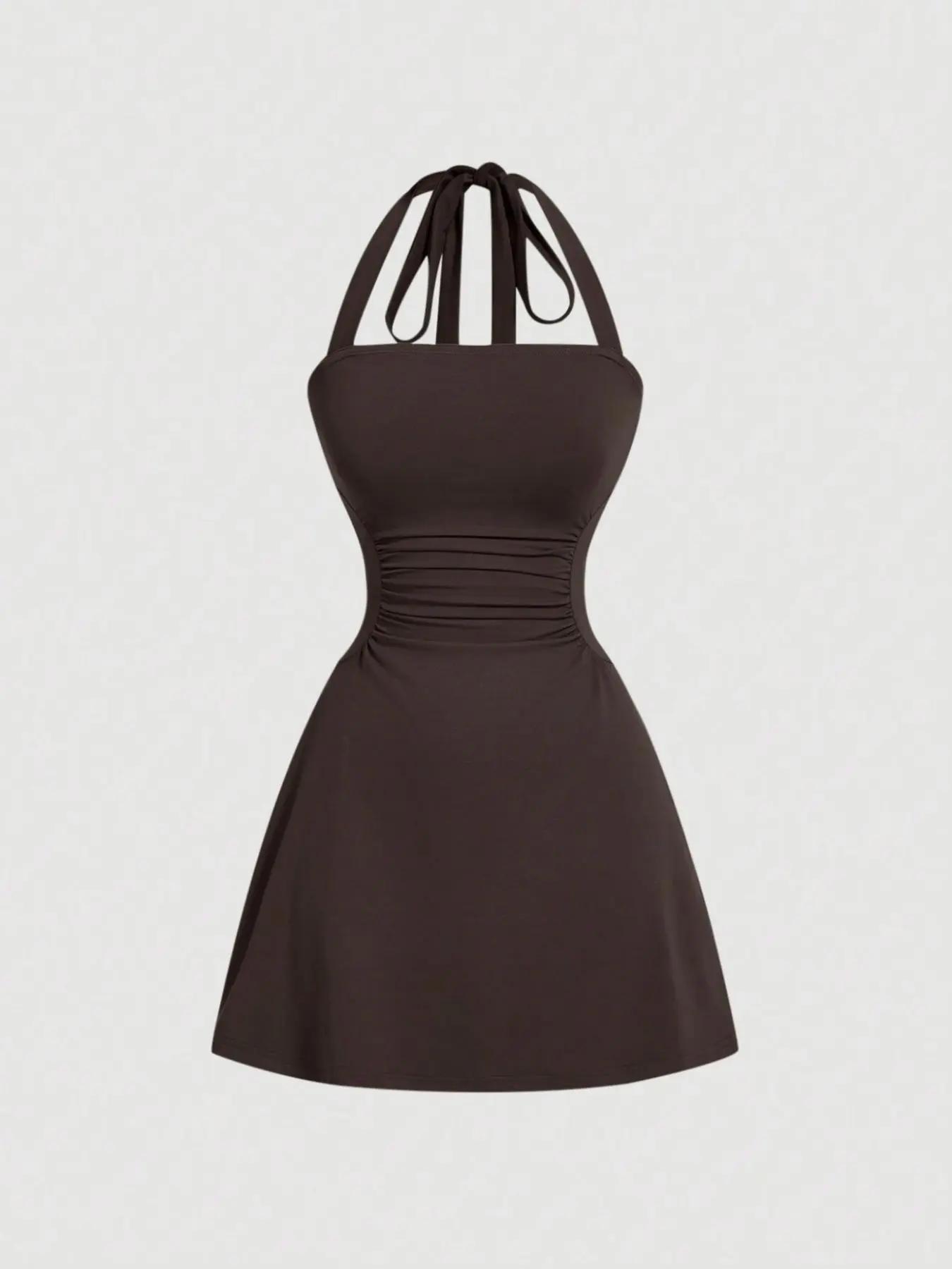 Women's Solid Ruched Tie-Back Open-Back Cami Dress Sleeveless A-Line Mini