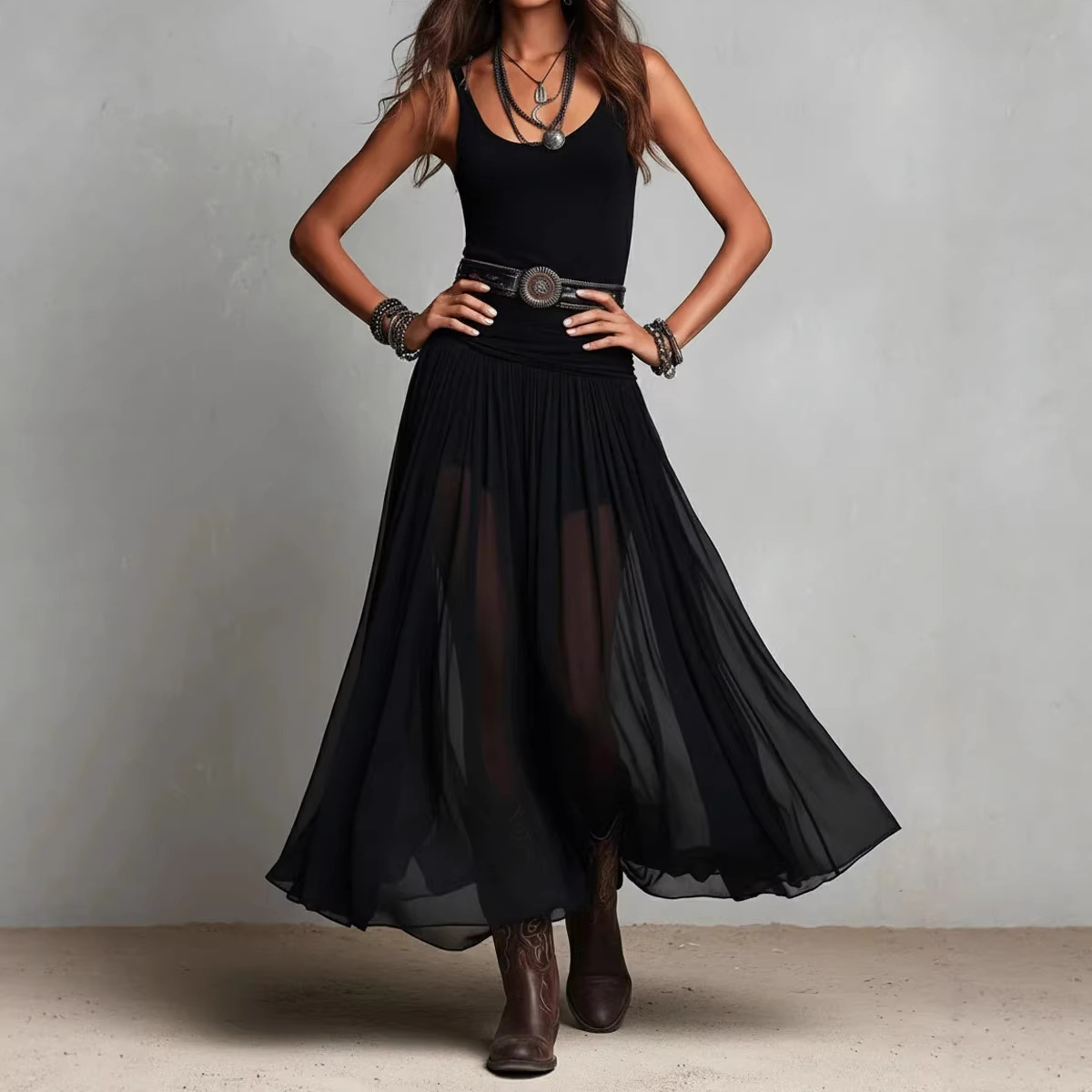 Black Mesh Sling Long Dress with Vintage Pleated Design