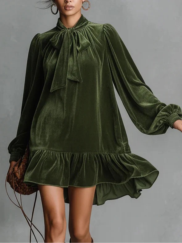 Velvet V-Neck Long Sleeve Bow Dress