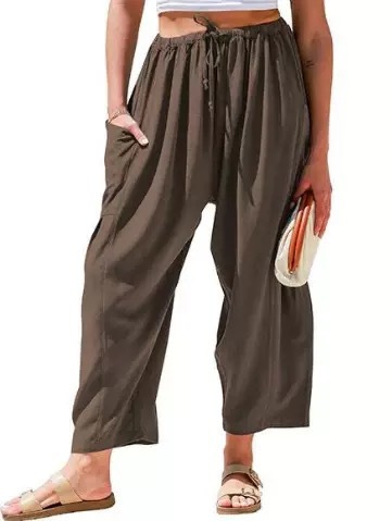 Women's Cotton-Linen Straight-Leg Cropped Pants with Elastic Waist and Pleats, Breathable Casual