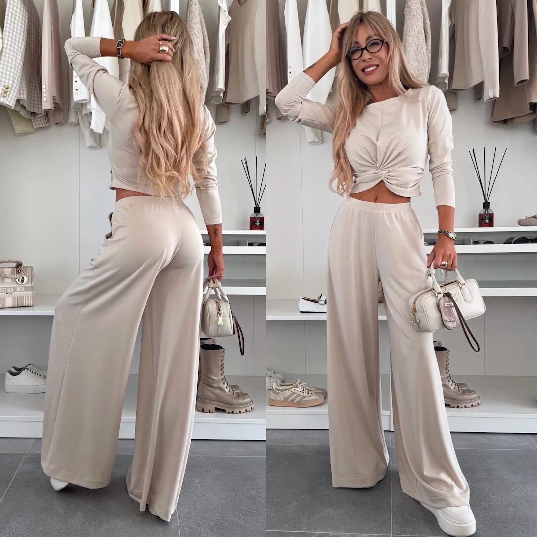 Women's Solid Color Ruched Long Sleeve Crop Top and Straight Leg Pants Two-Piece Set