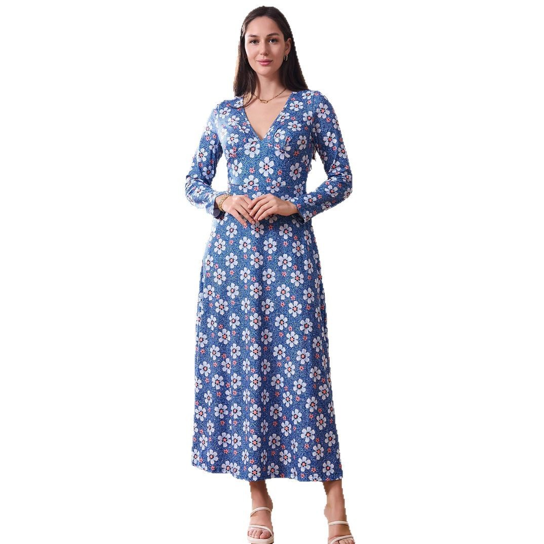 Women's Digital Floral Print Deep V-Neck Long Sleeve A-Line Maxi Dress
