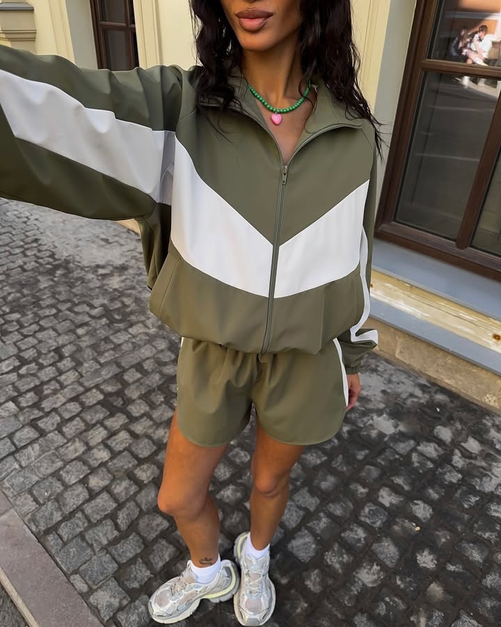 Women's Colorblock Zip Cardigan and Shorts Set