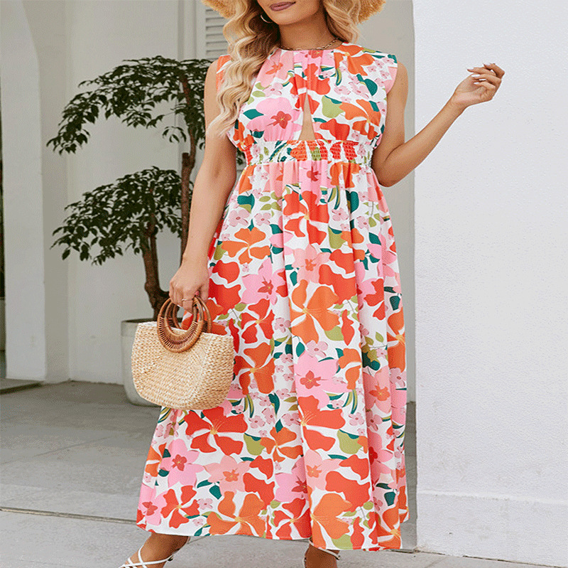 Women's Sleeveless Floral Print Halter Maxi Dress with Waist Tie