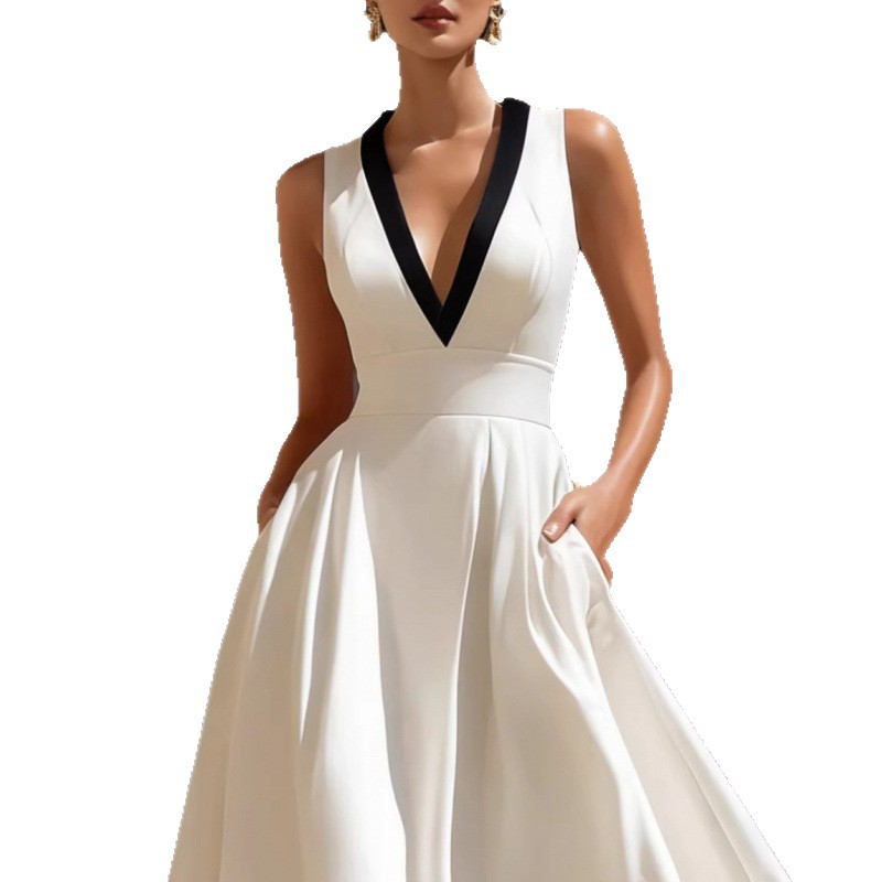 Color-Block V-Neck Sleeveless Midi Dress