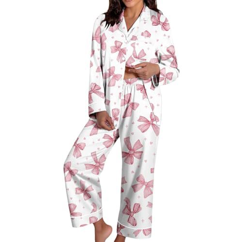 Women's Cuban Collar Christmas Bow Print Long Sleeve Shirt Set