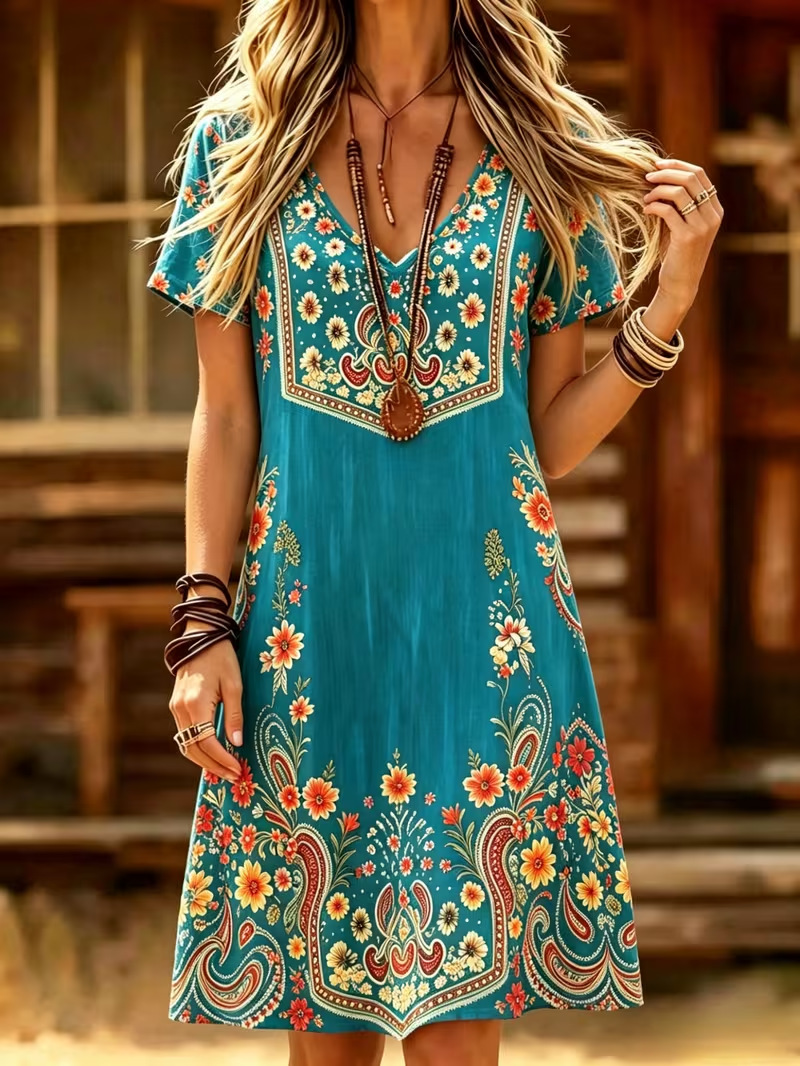 Women's Bohemian Print Ruched Midi Dress