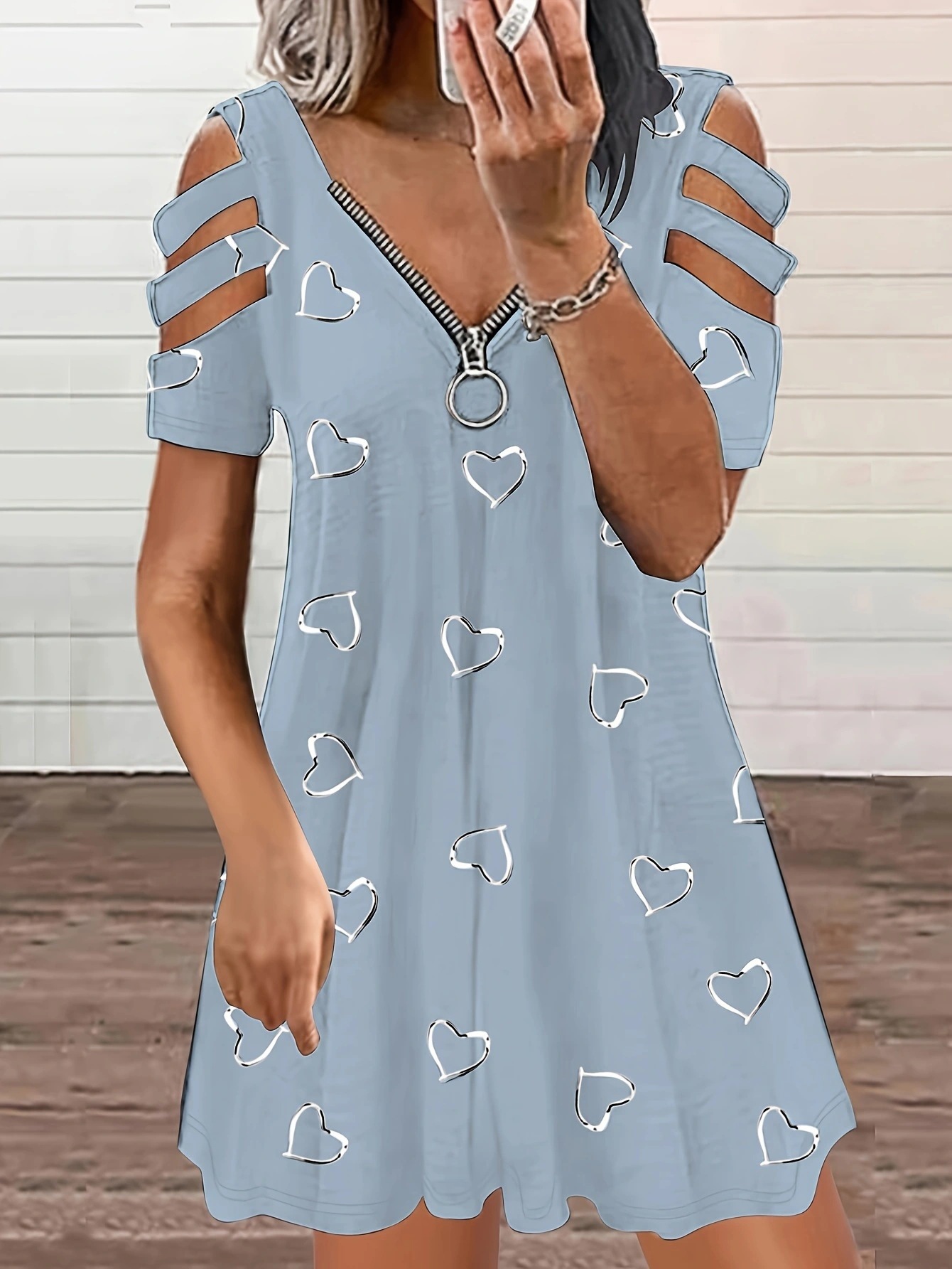V-Neck Zip Short-Sleeve Printed Off-Shoulder Loose Casual Dress