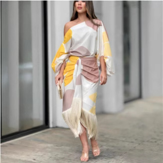 Floral Print Lantern Sleeve Top and Tassel Hem Midi Skirt Two-Piece Set