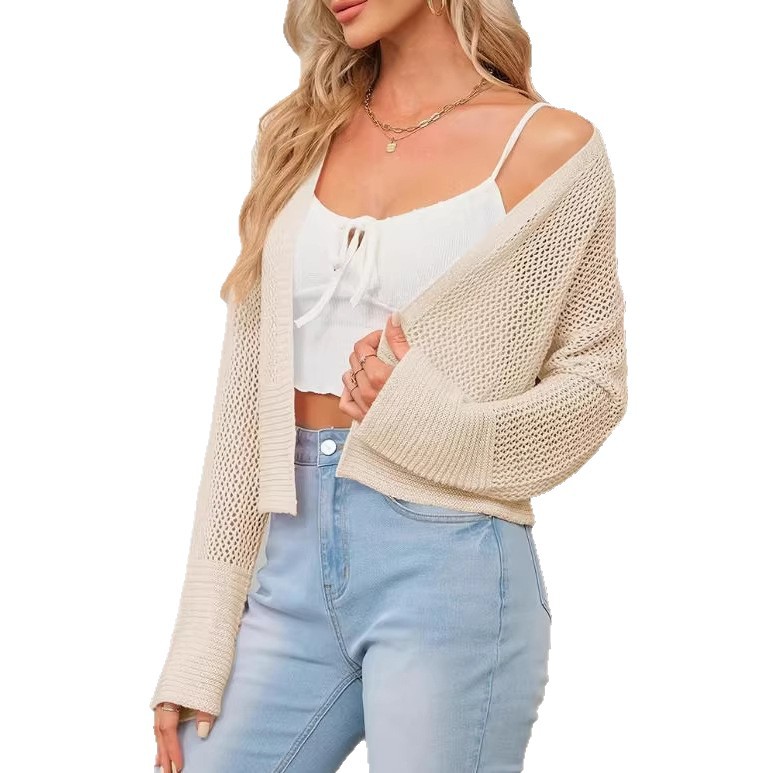 Women's Solid Color Hollow-Out Long Sleeve Knit Cardigan