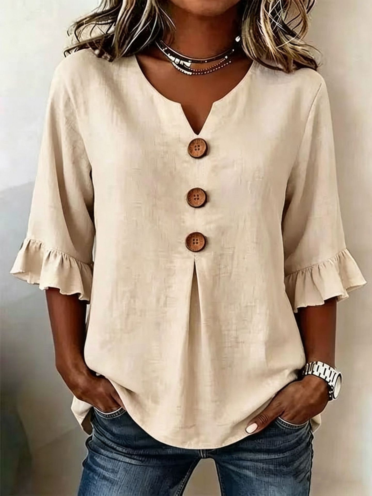 Women's V-Neck Ruffle Sleeve Dress Top