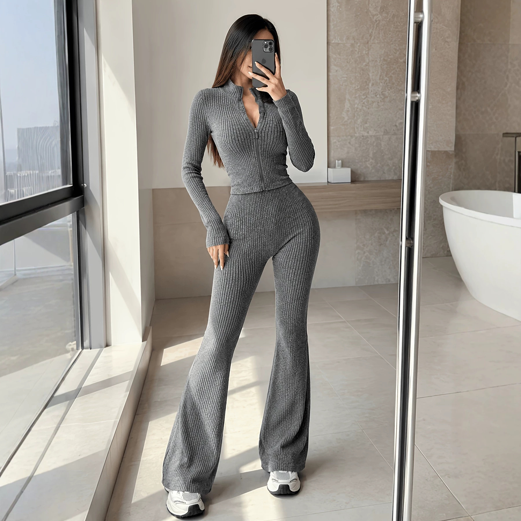 Women's Textured Zip Cardigan & High-Waist Flared Pants Set