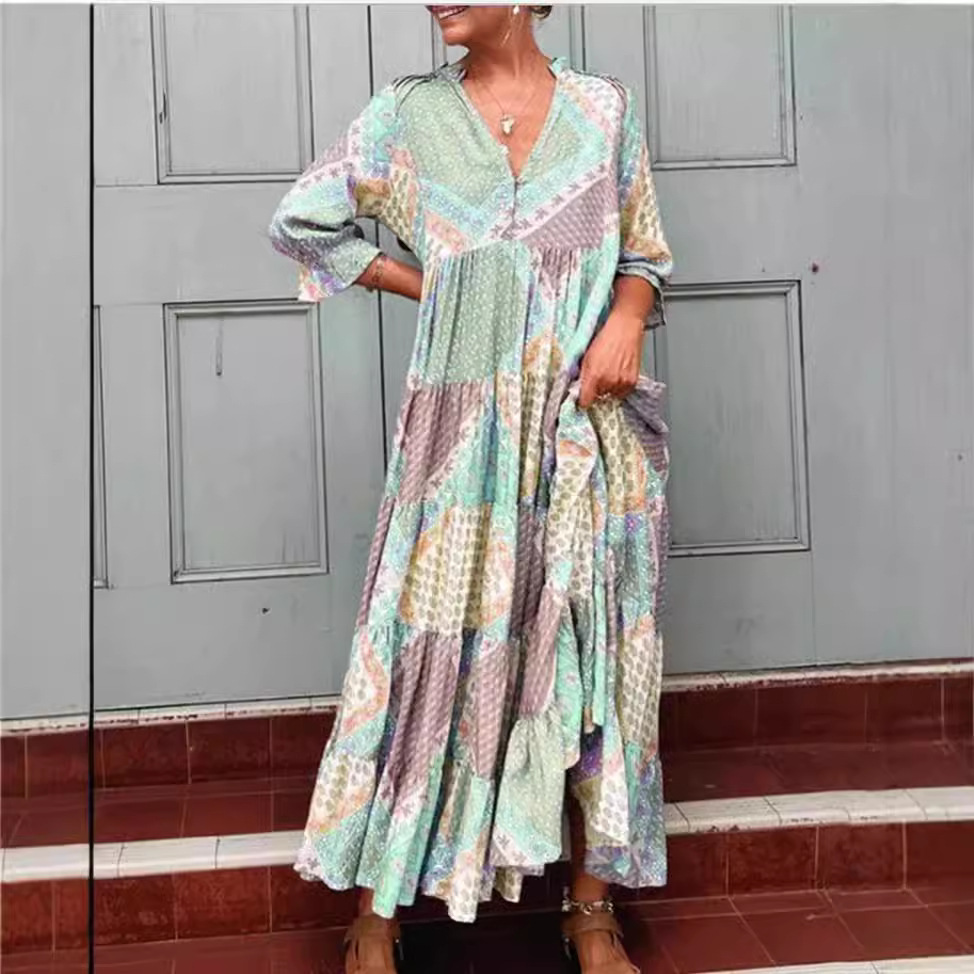 V-Neck Colorblock Casual Loose Long Dress