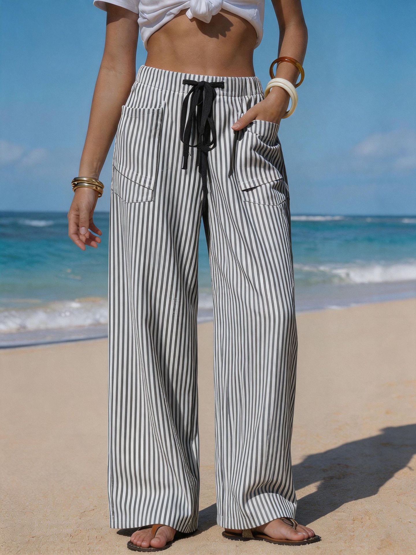 Women's Striped Linen-Like Drawstring Pants with Pockets