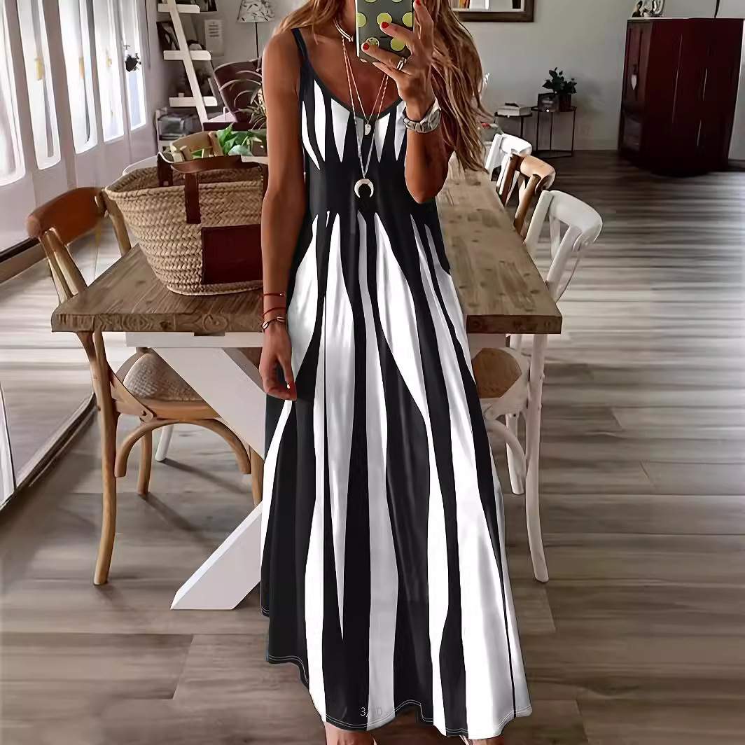 Women's Sleeveless V-Neck Printed Maxi Dress Casual Spaghetti Strap Long Dress
