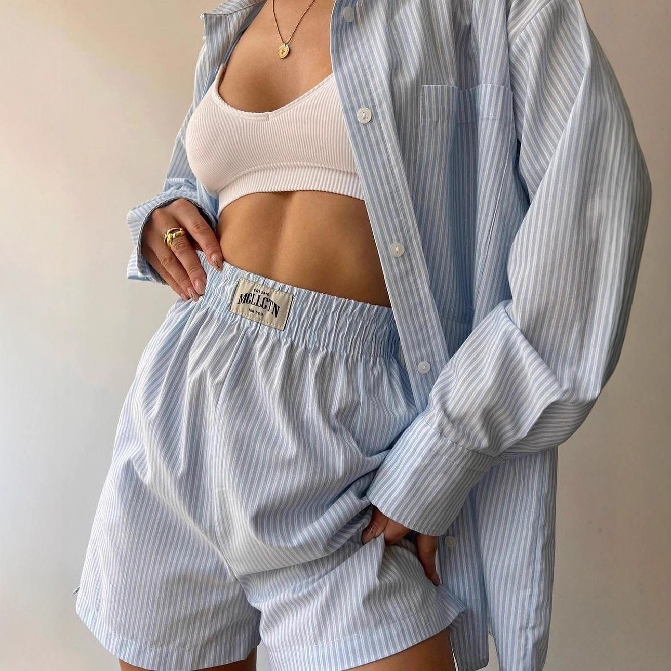 Striped Long Sleeve Shirt and Shorts Two-Piece Set
