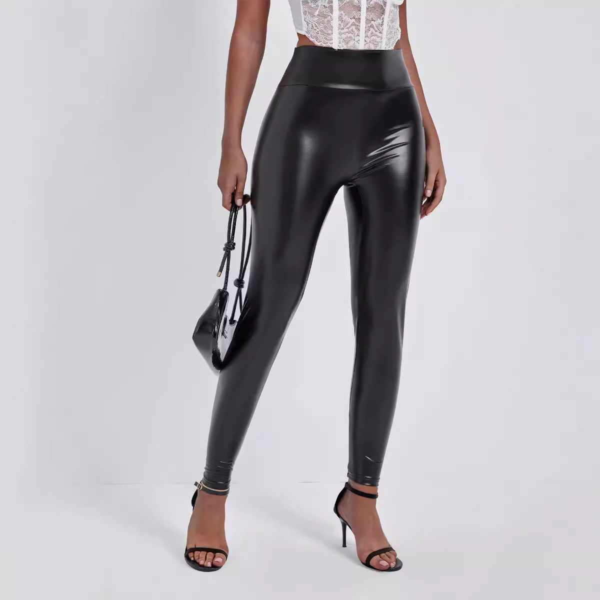 Women's High-Waist PU Leather Pencil Pants - Slim Fit Stretch