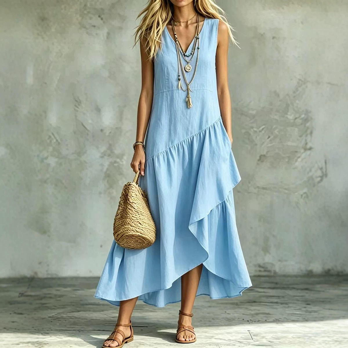 Women's Sleeveless V-Neck A-Line Maxi Dress Loose Fit Boho