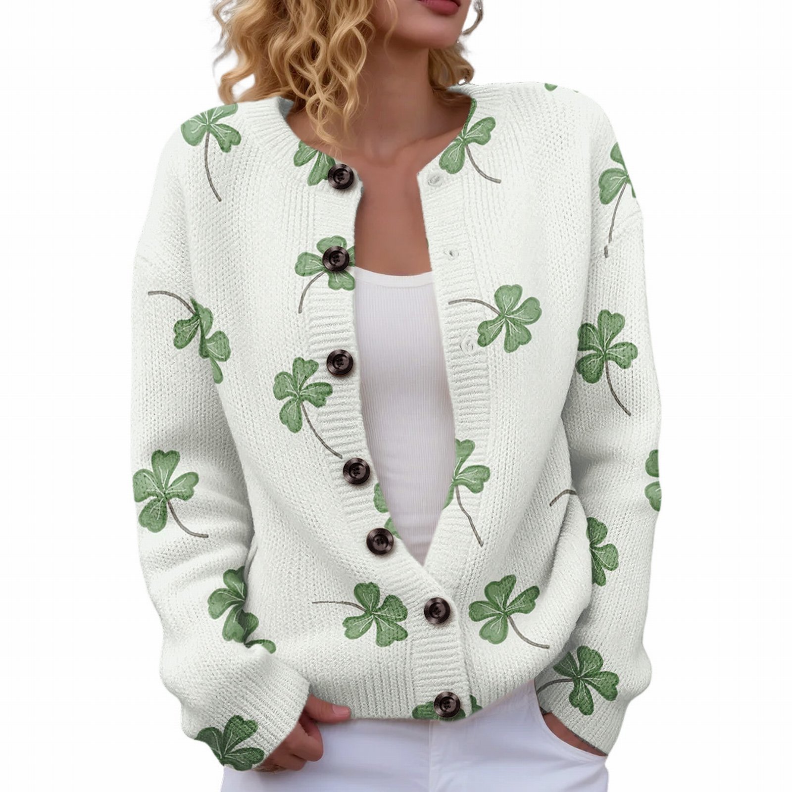 Women's Four-Leaf Clover Print Button Cardigan Sweater