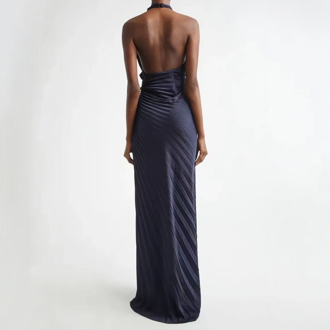 Navy Stand-Collar Halter Pleated Long Dress with Twist-Front Waist