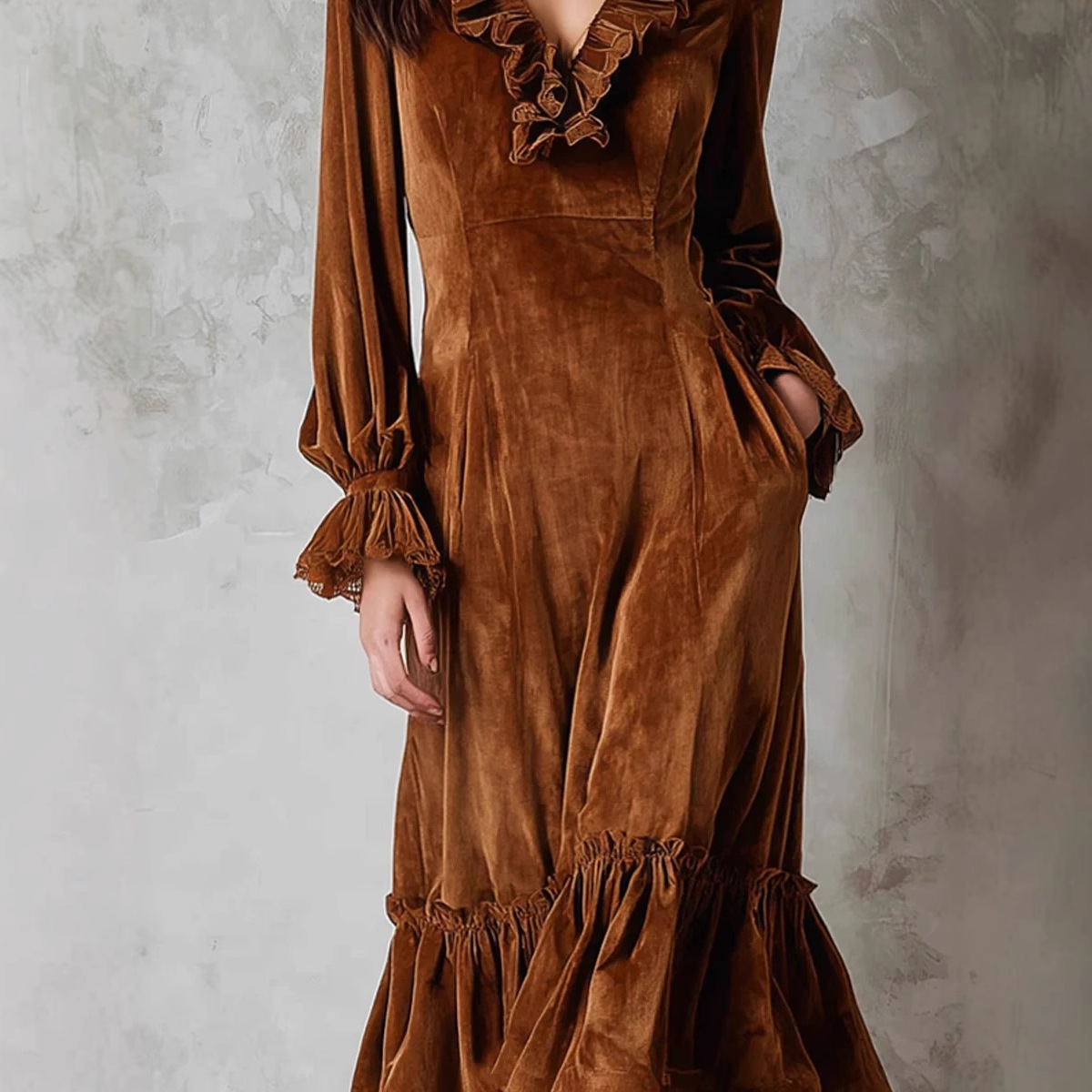 Women's Long Sleeve Lace-Trim Velvet Dress with V-Neck and Ruffled Lantern Sleeves