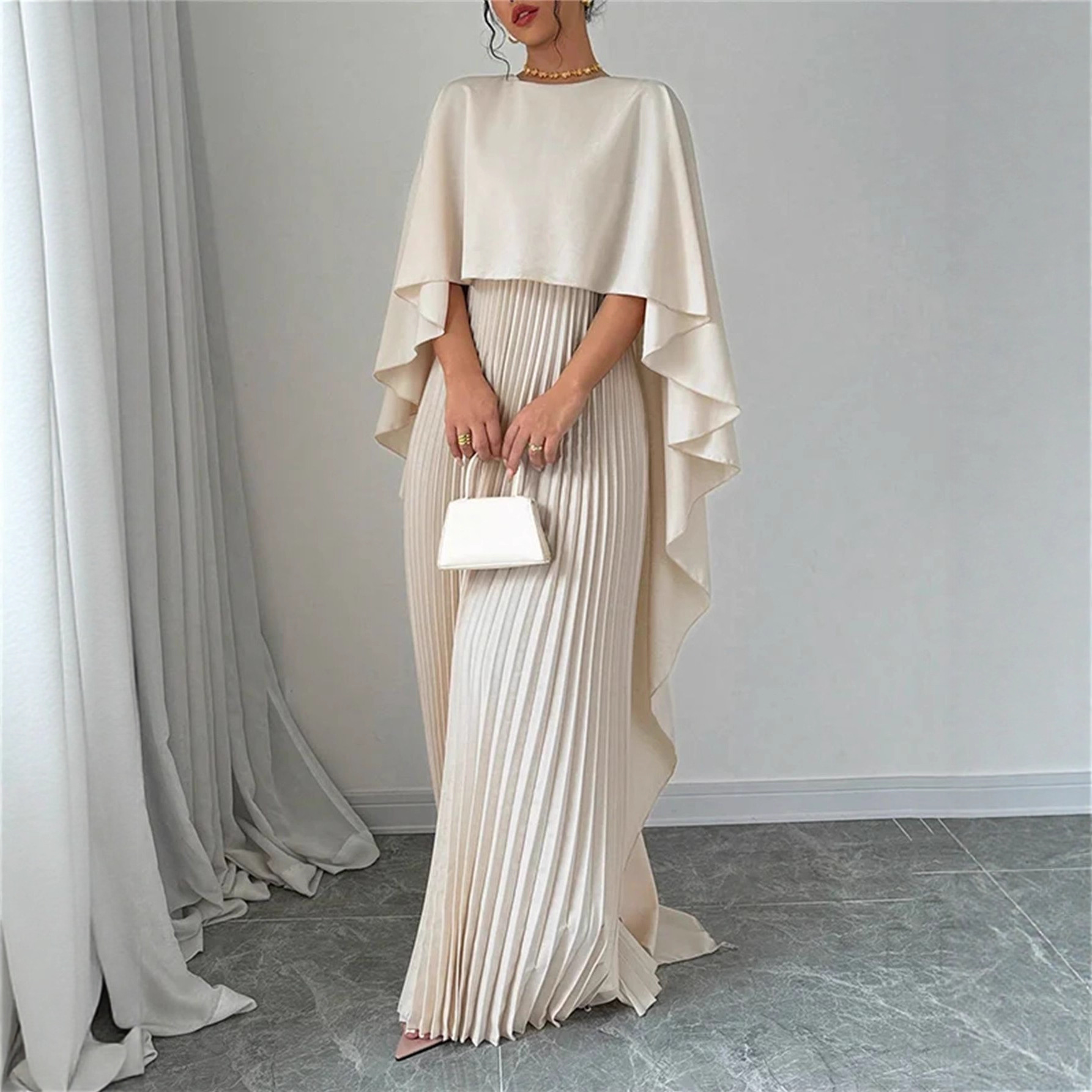 Women's Batwing Sleeve Pleated Two-Piece Dress Set