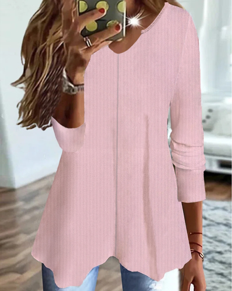 Women's Solid Color V-Neck Knit T-Shirt Long Sleeve Loose Fit