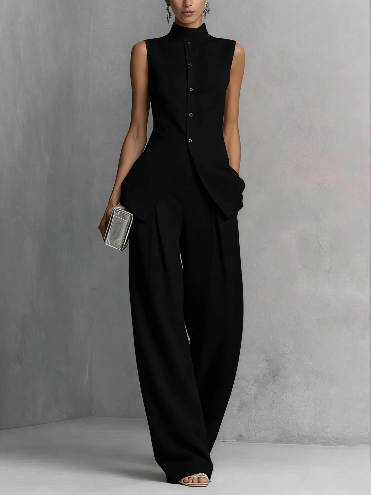 Women's Sleeveless Blouse and Pants Set Solid Color Drapey Two-Piece Outfit