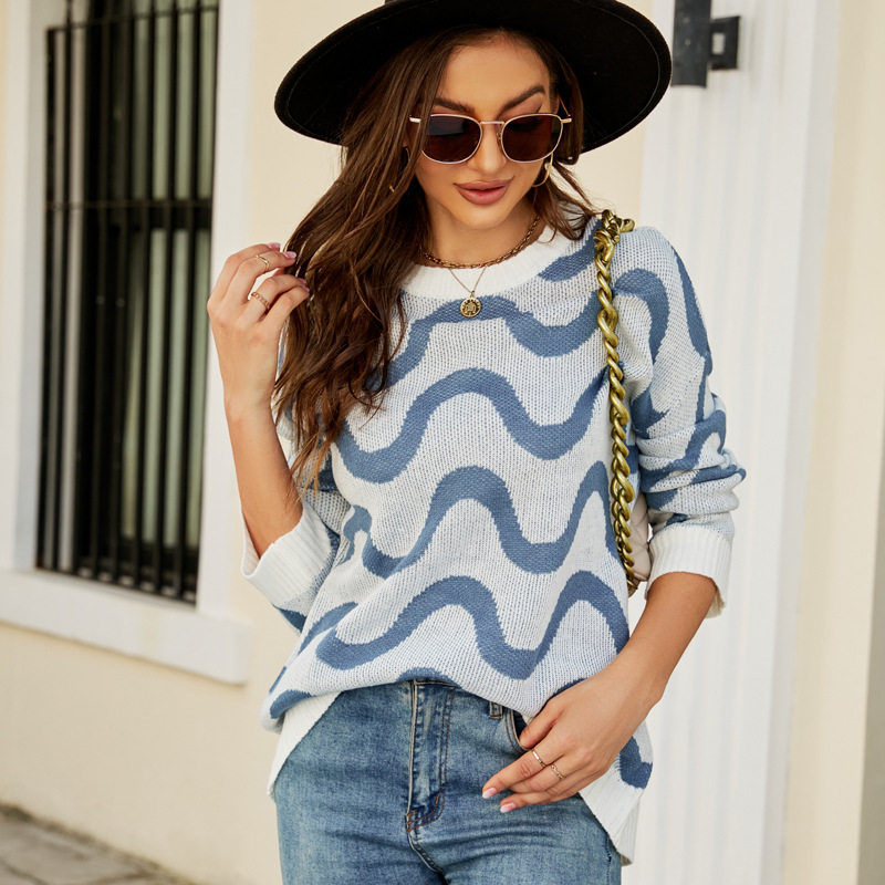 Women's Loose Fit Pullover Sweater Long Sleeve Round Neck Wavy Jacquard Color Block Knit Top